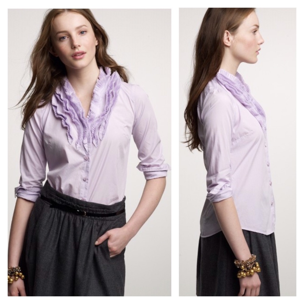 Women’s TALL J. Crew Black Button Down Dress Shirt Ruffle V-Neck Collar 4T 4